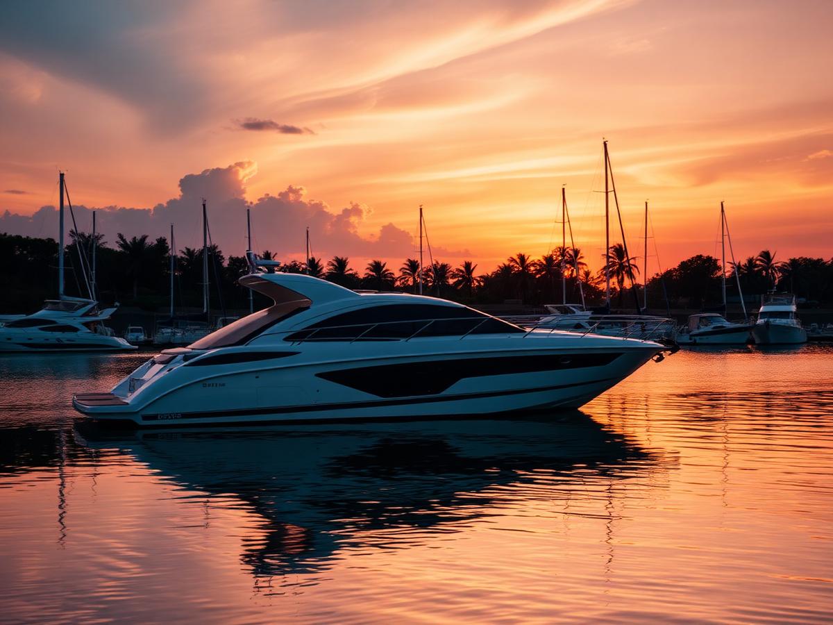 Lancha atracada em marina ao pôr do sol representando o seguro náutico