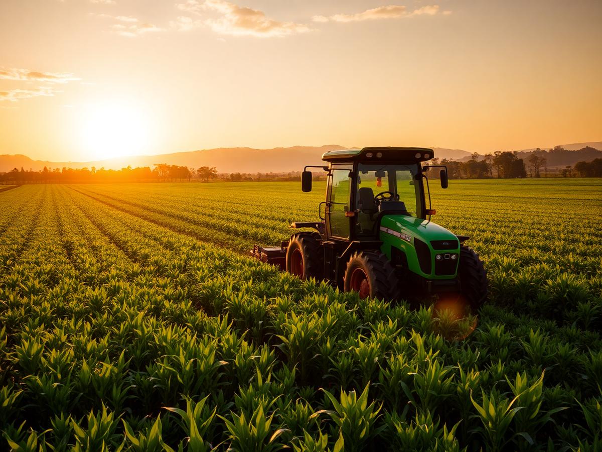 Trator em lavoura ao entardecer representando o seguro rural